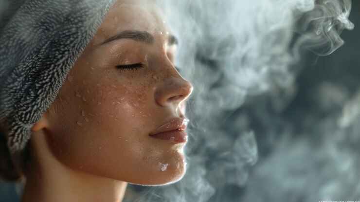 Foto o rosto de uma mulher meio coberto de vapor com uma expressão relaxada e rejuvenescida enquanto ela se entrega a um tratamento profundo de cuidados com a pele com um vapor facial