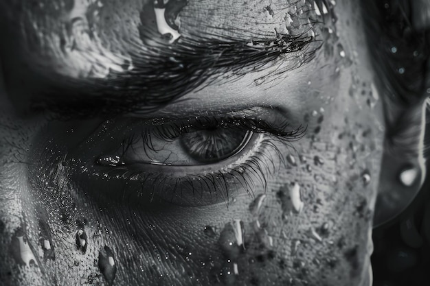 O rosto de uma pessoa é coberto de lama, criando uma exibição visual crua e emocional. A textura da lama contrasta com a pele, transmitindo uma sensação de conexão com a natureza.