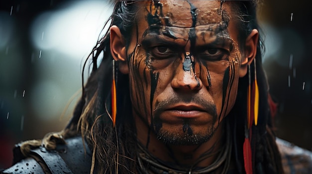 O rosto do índio guerreiro Cherokee com pintura de guerra tradicional em close-up