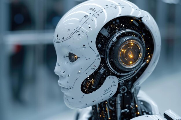 O rosto futurista de um ciborgue O conceito de inteligência artificial Transformação digital