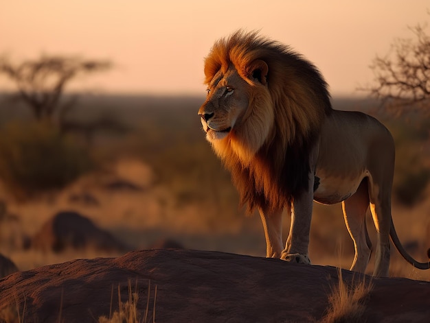 O rugido majestoso de um leão no pôr do sol da savana