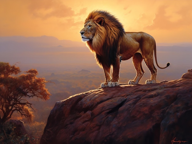 O rugido majestoso de um leão no pôr do sol da savana