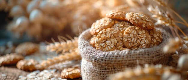 O saco de flocos de aveia o prato de biscoitos o saco contendo espinhos de aveia