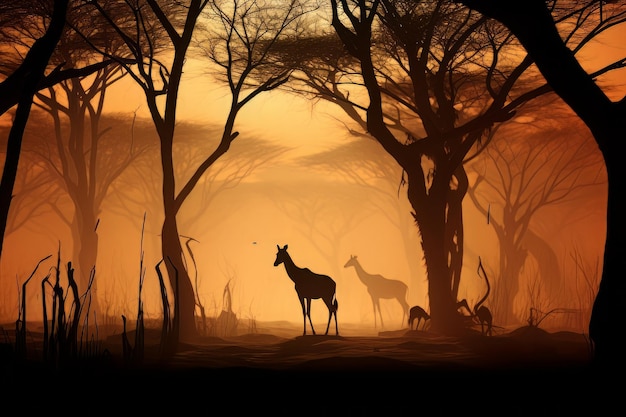 O Safari mostra em silhueta sombras da fotografia da vida selvagem da savana