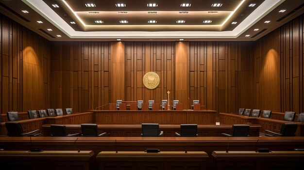 O salão judicial onde a atmosfera de justiça está no ar