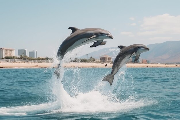 O salto do golfinho no mar azul em um lugar pitoresco