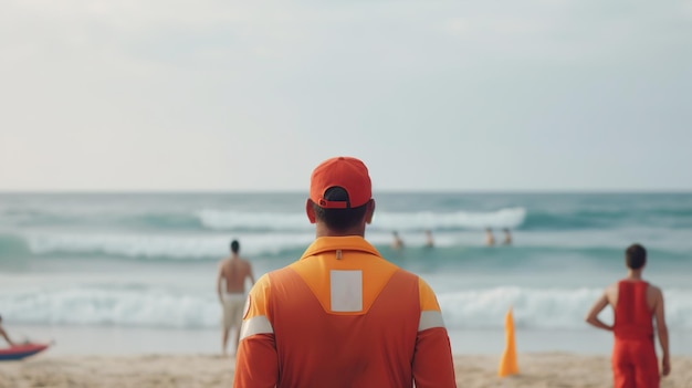 O salva-vidas na praia vigia as pessoas em repouso que nadam na visão traseira do mar