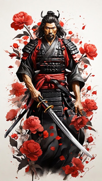 O samurai carrega duas espadas em suas mãos com atributos de flores coloridas