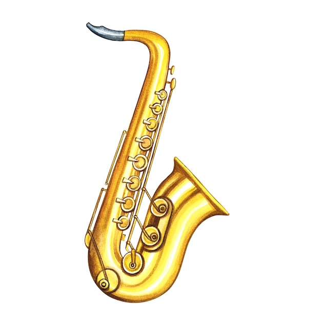 O saxofone dourado A ilustração aquarela é desenhada à mão Isolada