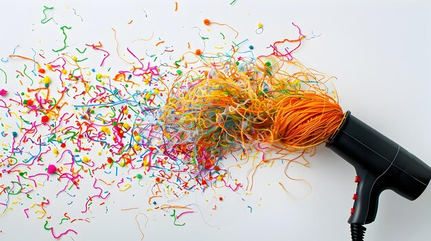Foto o secador de cabelo soprando fios coloridos como uma explosão de confete vibrante