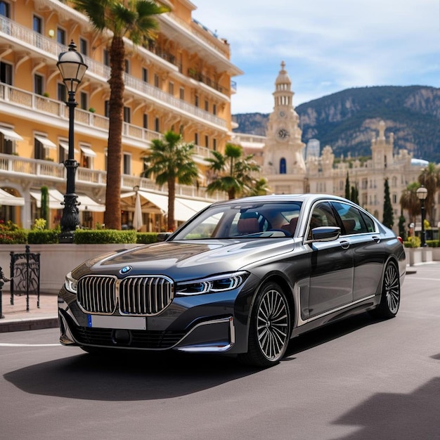 O sedã da série BMW 7 está a descer a rua.