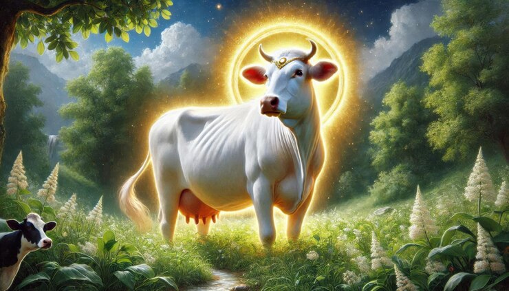 Foto o senhor da vaca está de pé na relva com o sol a brilhar atrás dele.
