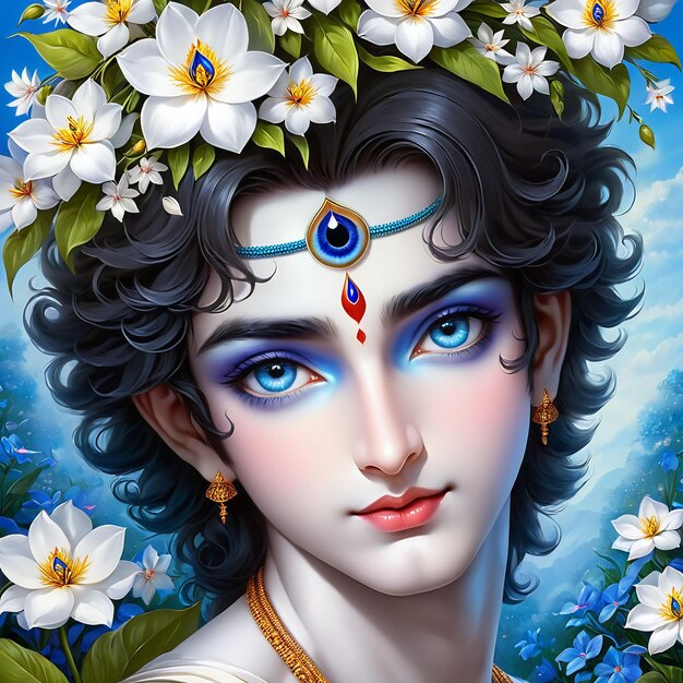O Senhor Krishna no jardim de flores da primavera