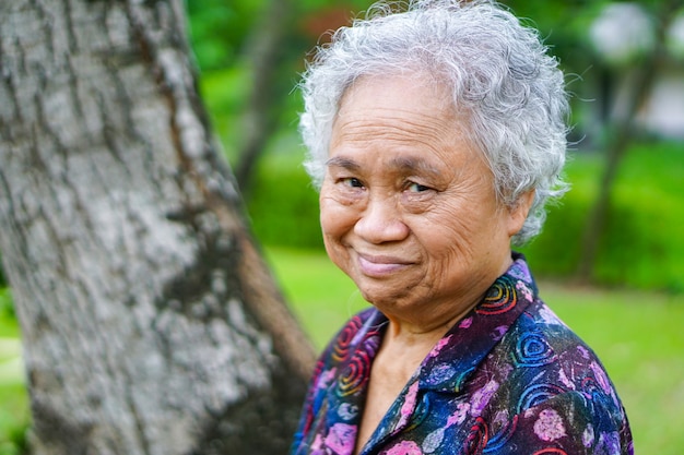 O sênior asiático ou a mulher idosa da senhora idosa sorriem face brilhante com saúde forte.