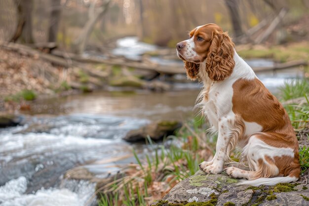 O sereno Cavalier King Charles Spaniel sentado ao lado de um riacho balbuciante numa paisagem florestal tranquila