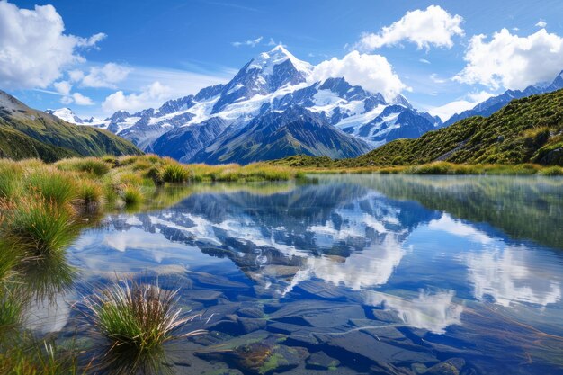 Foto o sereno lago de montanha num dia ensolarado, refletindo picos cobertos de neve e vegetação exuberante