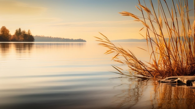 Foto o sereno lago do pôr-do-sol com juncos suave e atmosfera de sonho