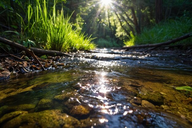 O sereno riacho da floresta à luz do sol