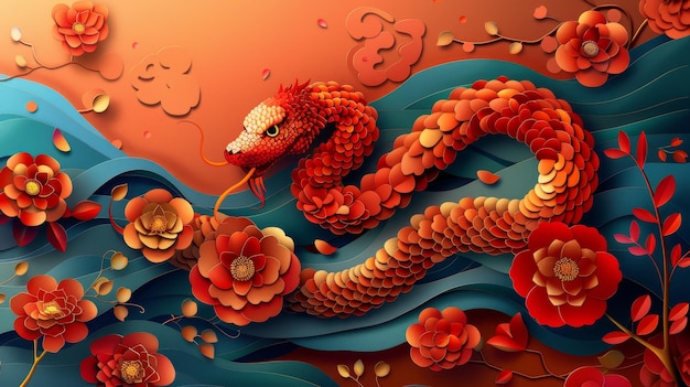 O signo do zodíaco da cobra com lanterna de flores e elementos asiáticos em cima de um fundo vermelho e dourado Tradução feliz ano novo 2025 ano da cobra