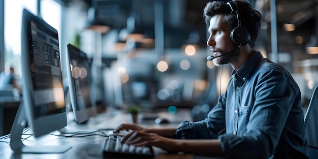 Foto o simbolismo de um homem com um fone de ouvido em um computador no serviço ao cliente ou conceito de suporte técnico serviço ao cliente tecnologia de suporte simbolismo homem headset computador