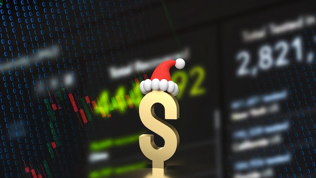 O símbolo do dólar de ouro e o chapéu de Papai Noel na renderização 3d de fundo de negócios