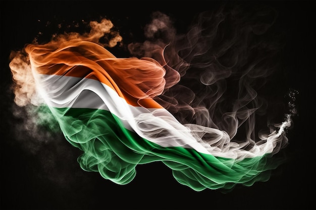 O símbolo do orgulho e da unidade A bandeira indiana tremulando nas ondas e na fumaça