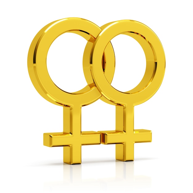 Foto o símbolo lésbico 3d rende. símbolo de lésbicas dourado isolado no fundo branco.