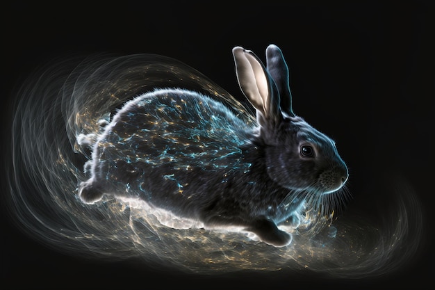 Foto o símbolo mágico do coelho preto da fantasia de 2023 está correndo deixando vestígios de faíscas e estrelas renderização 3d de natal e ano novo