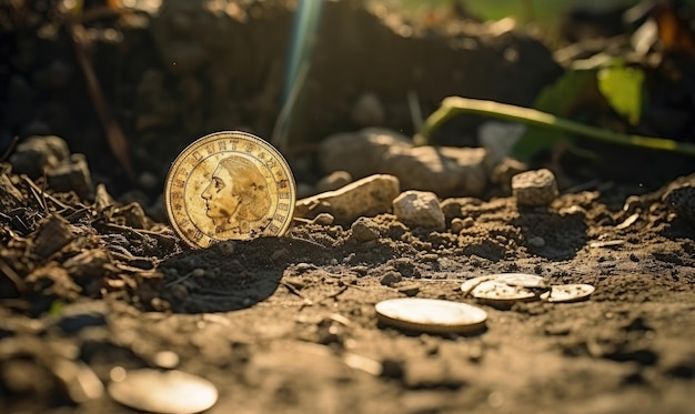 O sinal do detector o levou a um tesouro enterrado, uma moeda de ouro coberta de terra