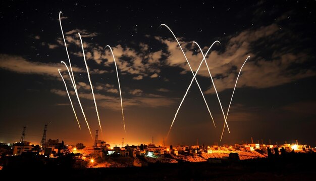 Foto o sistema de cúpula de ferro de israel intercepta foguetes no céu noturno