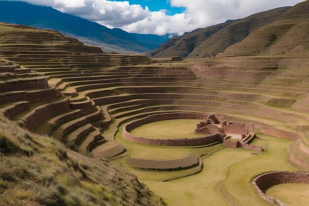 Foto o sítio arqueológico em moray, destino de viagem na região de cusco e o vale sagrado, peru, majestoso.