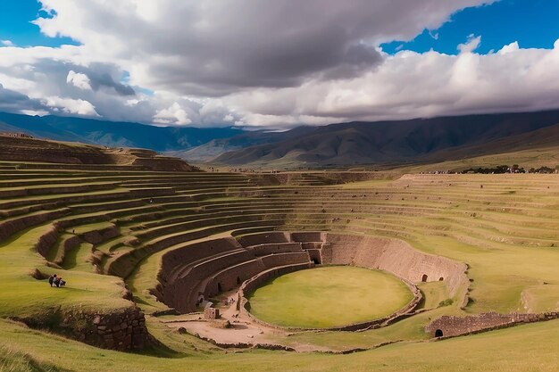 Foto o sítio arqueológico em moray, destino de viagem na região de cusco e o vale sagrado, peru, majestoso.