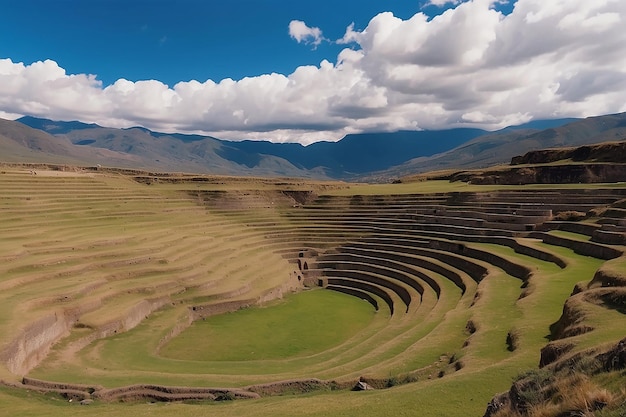 Foto o sítio arqueológico em moray, destino de viagem na região de cusco e o vale sagrado, peru, majestoso.