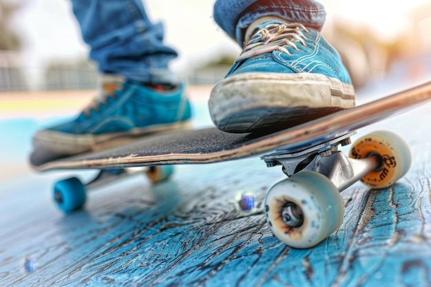 Foto o skateboarder concentra-se intensamente no salto no ar nas olimpíadas de verão, encarnando o espírito dos desportos extremos.