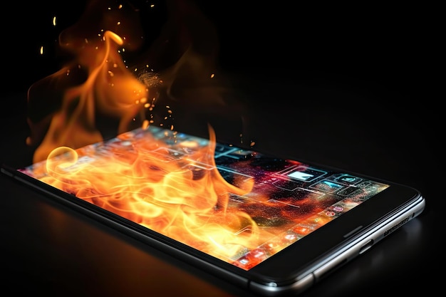 O smartphone é mostrado envolto em chamas