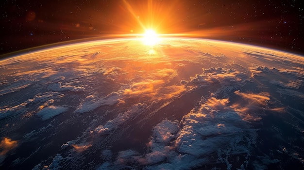O sol a pôr-se atrás do horizonte do planeta Terra visto do espaço