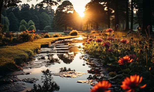 O sol a pôr-se sobre a água no parque