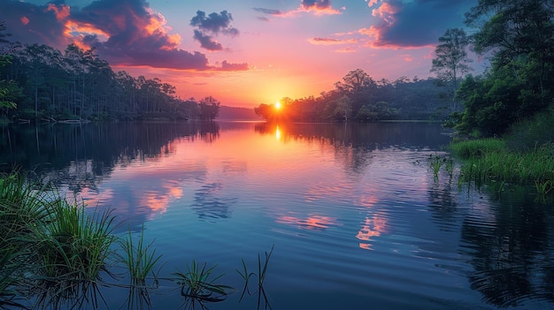 O sol a pôr-se sobre a água num lago