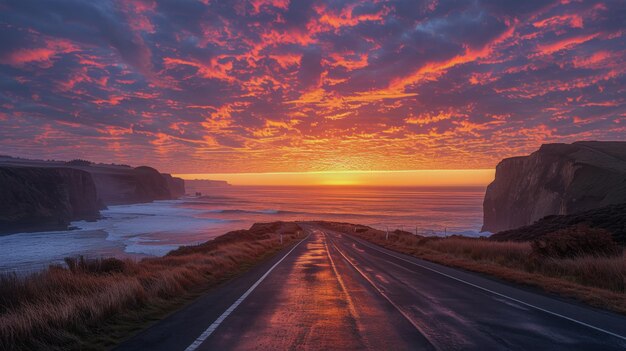 O sol a pôr-se sobre o oceano na estrada