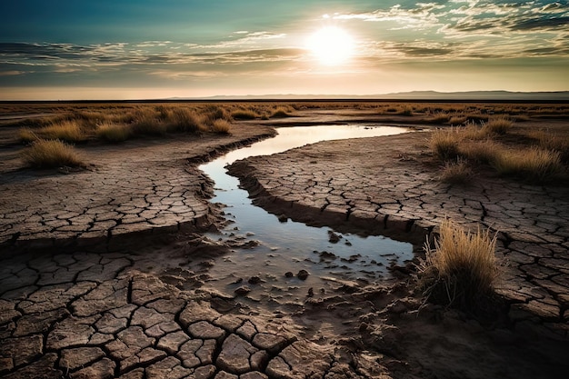 O sol a pôr-se sobre um leito de rio seco e rachado com água a fluir da sua superfície no sul da Austrália