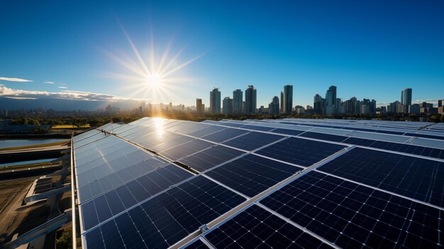 Foto o sol abraça uma cidade banhada em luz alimentada por energia solar no telhado