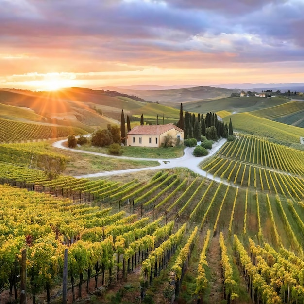 O sol beijou os vinhedos na tranquila zona rural italiana