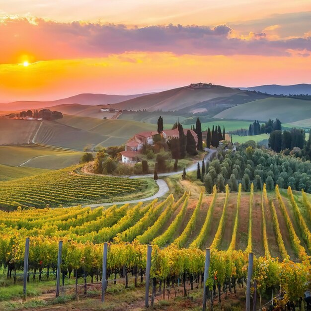 O sol beijou os vinhedos na tranquila zona rural italiana