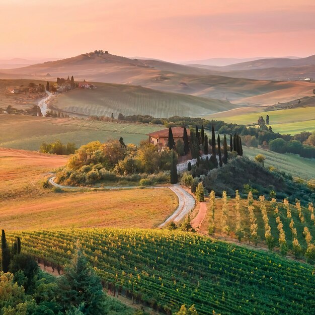 O sol beijou os vinhedos na tranquila zona rural italiana