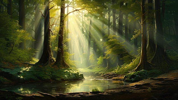 O sol brilha através da floresta