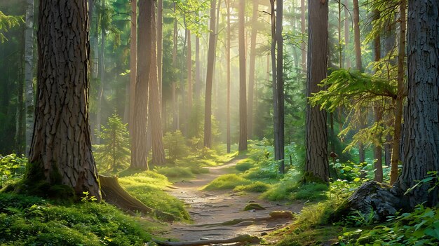 O sol brilha através das altas árvores da floresta a floresta está cheia de plantas verdes e árvores o caminho na floresta leva a uma luz brilhante