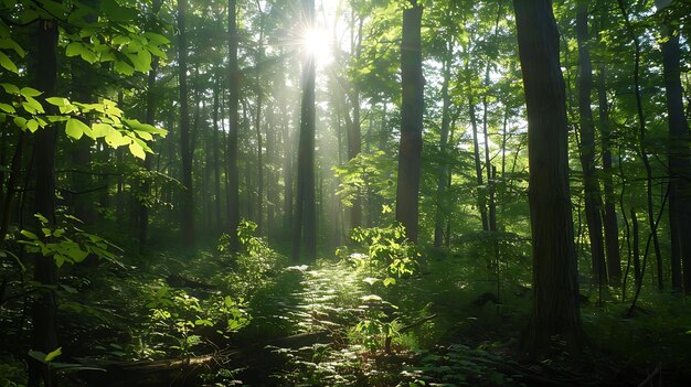 O sol brilha através das altas árvores da floresta as folhas verdes exuberantes das árvores criam um denso dossel que filtra a luz solar