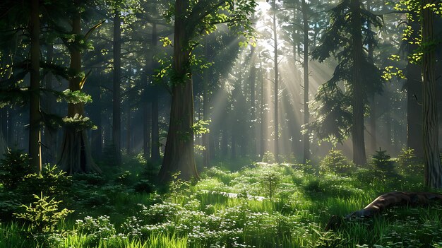 O sol brilha através das altas árvores da floresta.