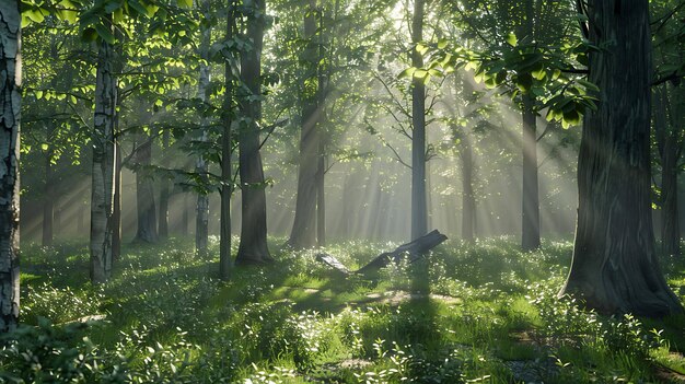 O sol brilha através das altas árvores da floresta.