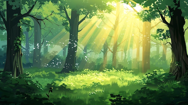 O sol brilha através das altas árvores da floresta.